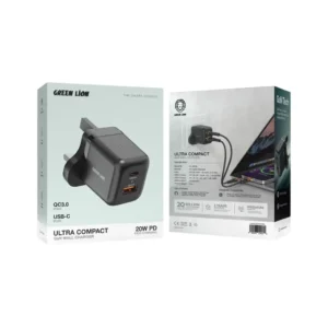 Green Lion Ultra Compact GaN Wall Charger UK Pin A+C 20W (with C to C / C to L Cable)