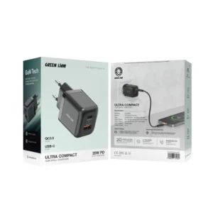 Green Lion Ultra Compact GaN Wall Charger EU Pin A+C 20W (with C to C / C to L Cable)